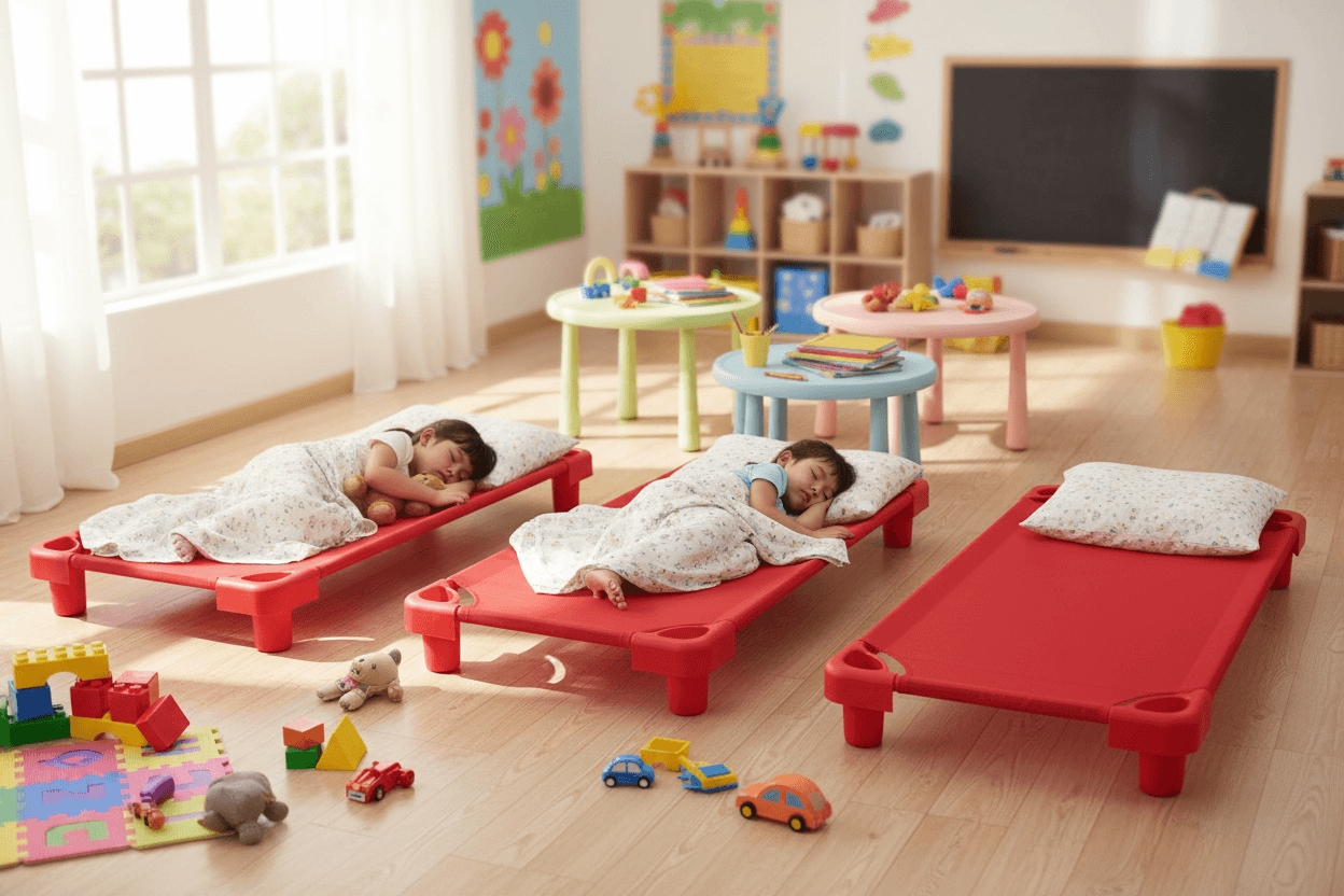 Červené plastové lehátko do školky